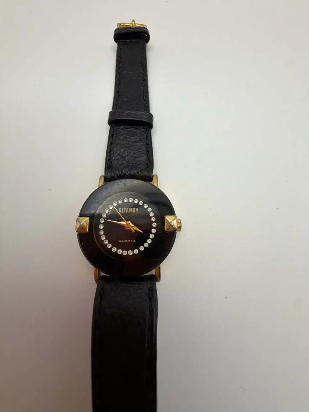 Vintage Gitano Women's Quartz Watch with Black Dial, Rhinestones, and Gold-Tone